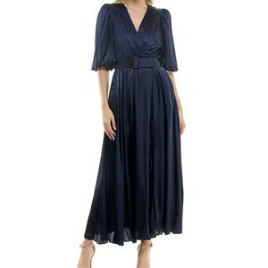 Taylor Satin Crinkle Crepe Surplice V-Neck Elbow Puff Sleeve Belted Maxi Dress 2